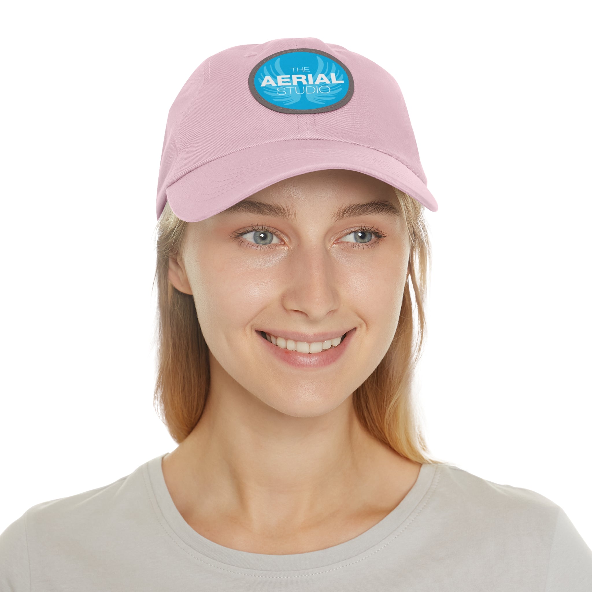 Aerial Studio Round Leather Patch Hat | White dad cap with blue logo