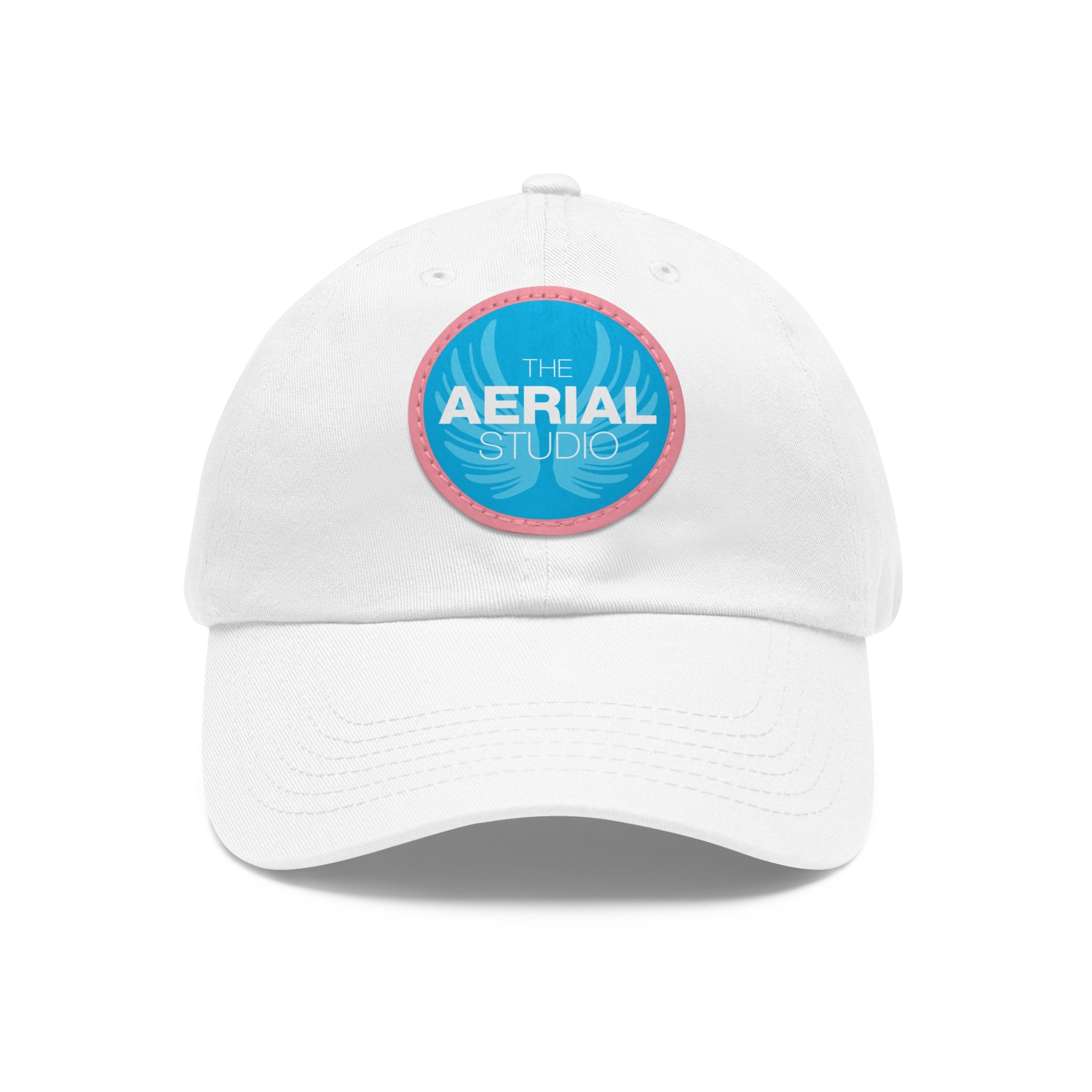 Aerial Studio Round Leather Patch Hat | White dad cap with blue logo