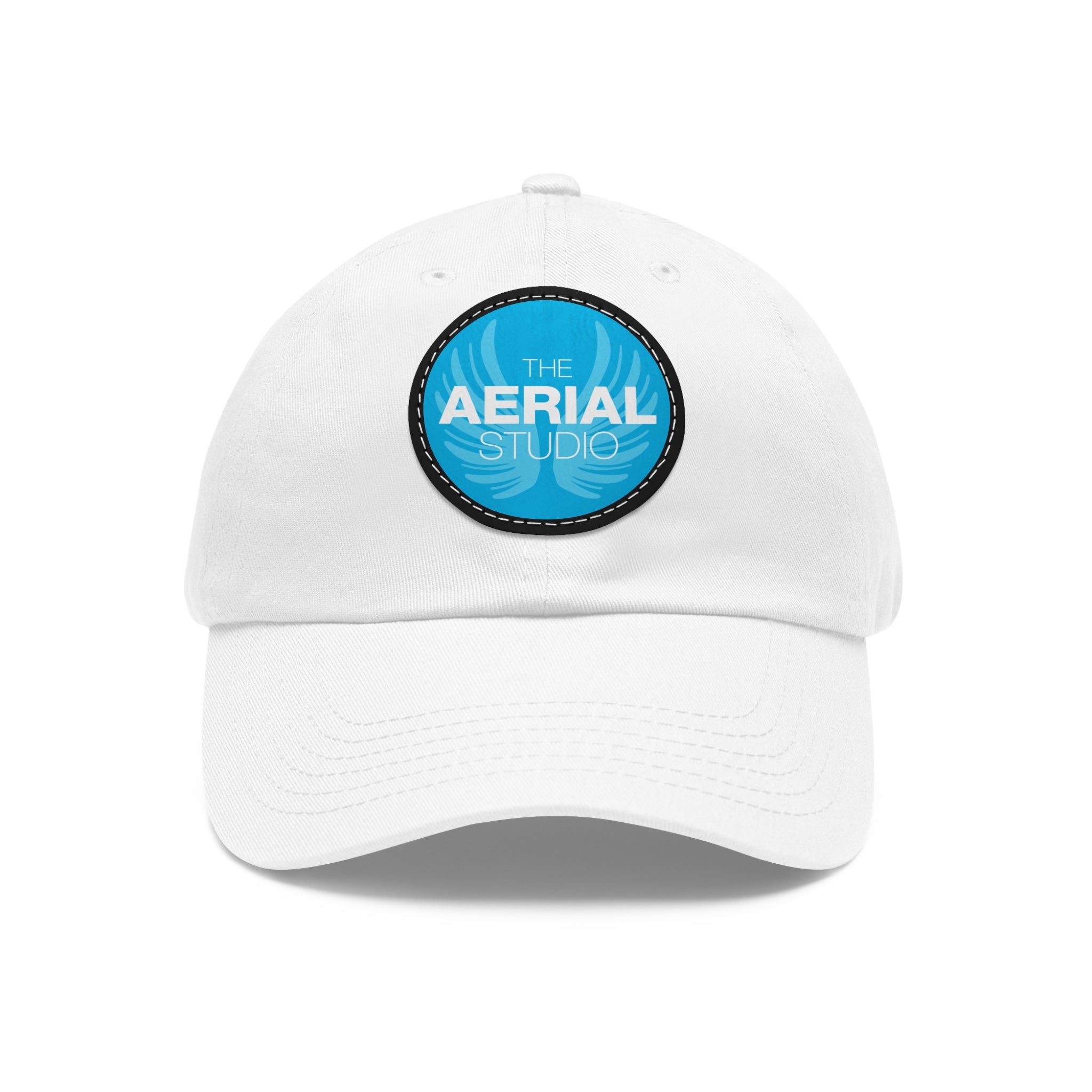 Aerial Studio Round Leather Patch Hat | White dad cap with blue logo