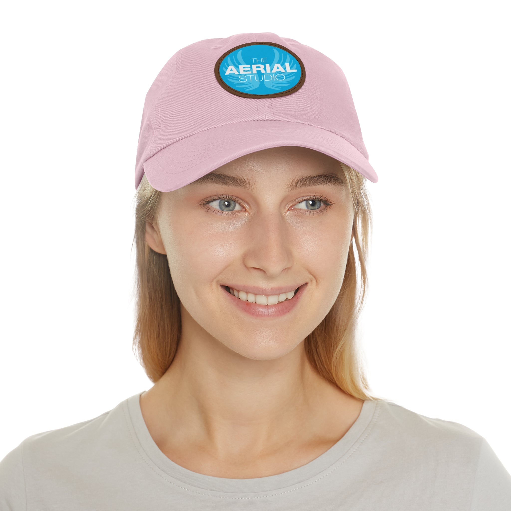 Aerial Studio Round Leather Patch Hat | White dad cap with blue logo