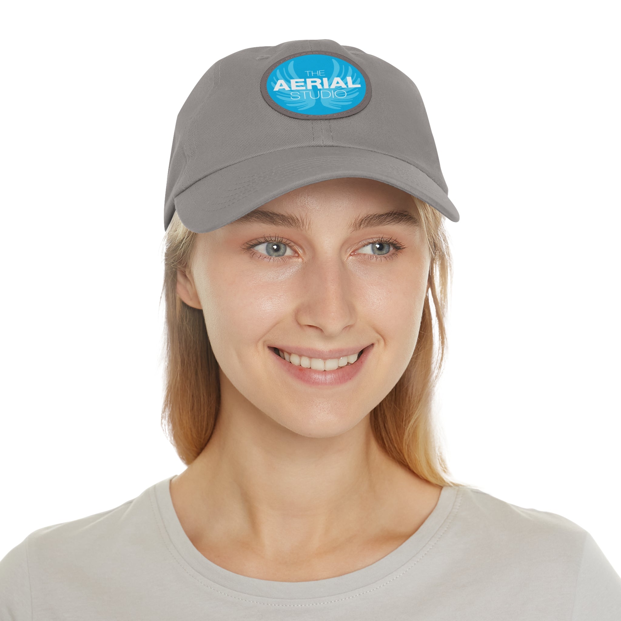 Aerial Studio Round Leather Patch Hat | White dad cap with blue logo