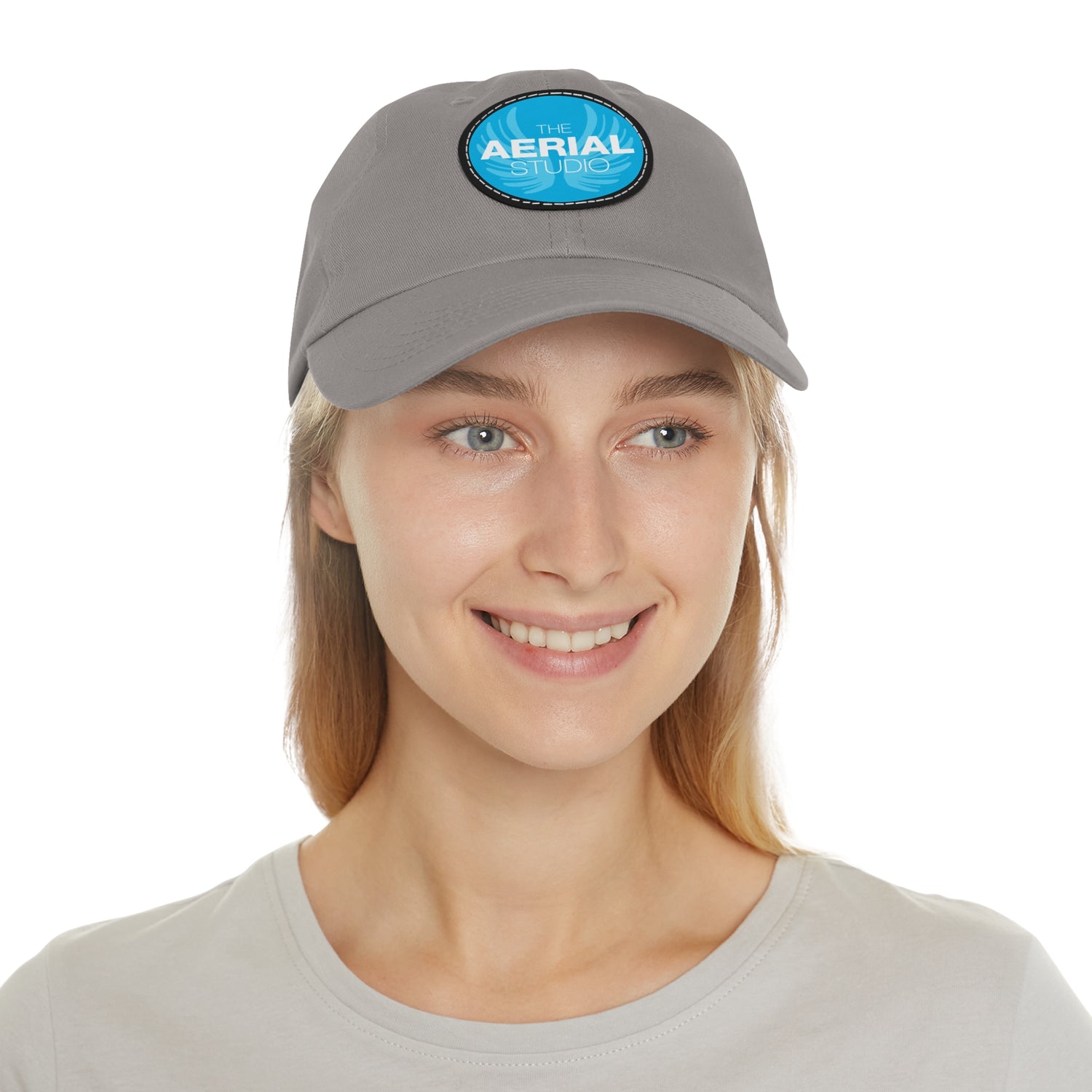 Aerial Studio Round Leather Patch Hat | White dad cap with blue logo