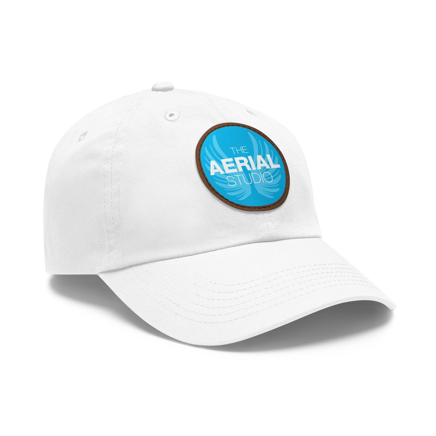 Aerial Studio Round Leather Patch Hat | White dad cap with blue logo