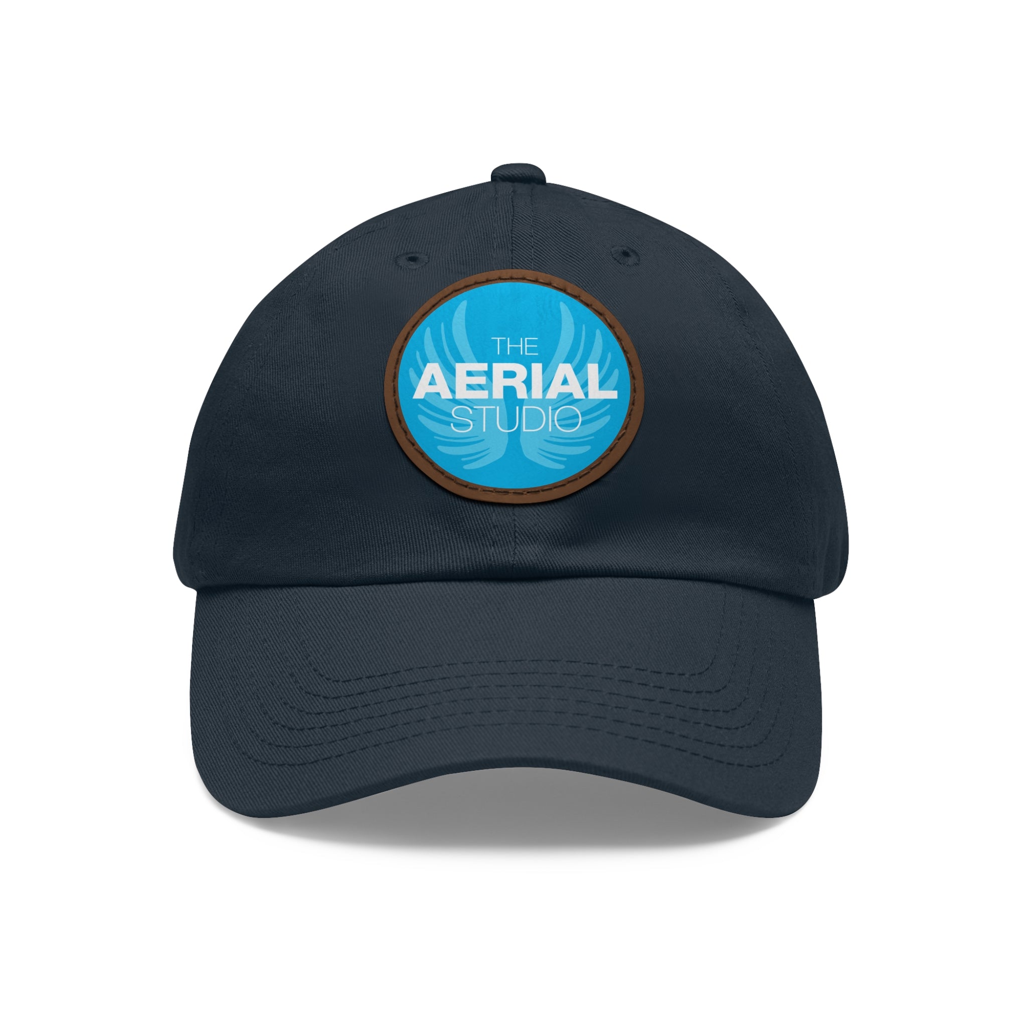Aerial Studio Round Leather Patch Hat | White dad cap with blue logo