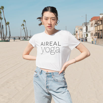 AIReal Yoga Cropped Tee | Cropped Flowy Top, short sleeve, gold logo on back