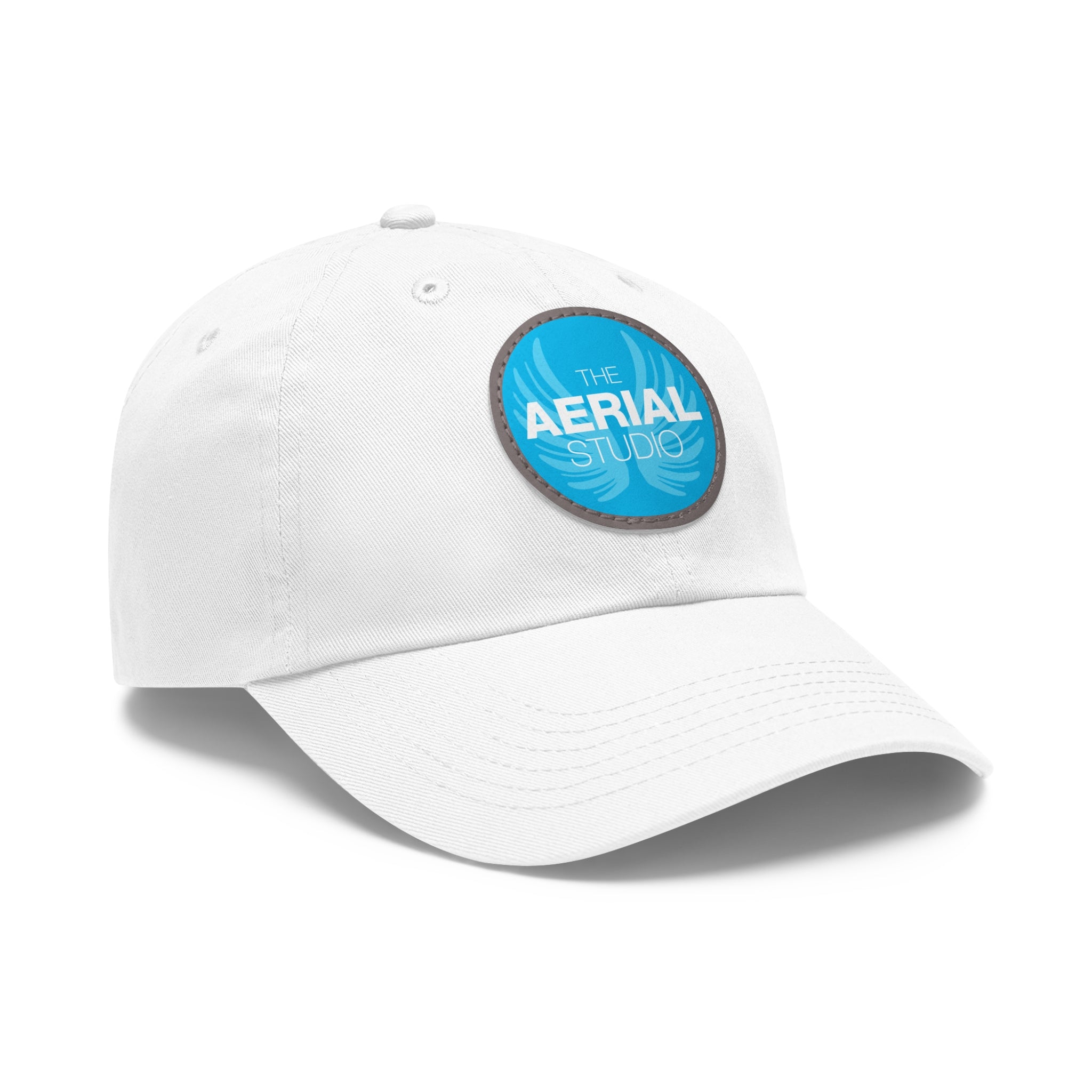 Aerial Studio Round Leather Patch Hat | White dad cap with blue logo