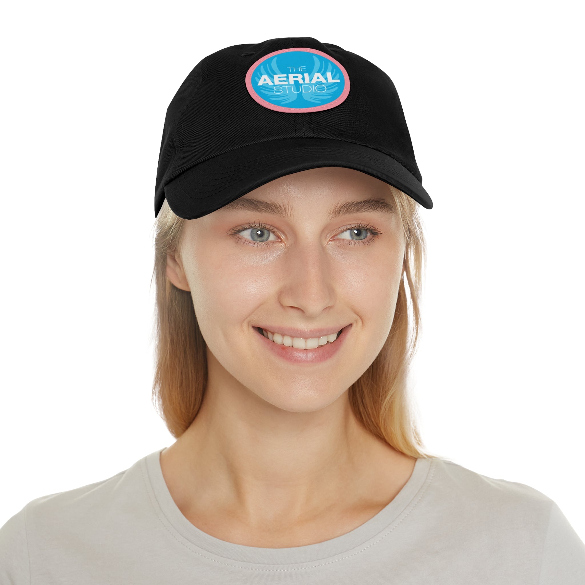 Aerial Studio Round Leather Patch Hat | White dad cap with blue logo