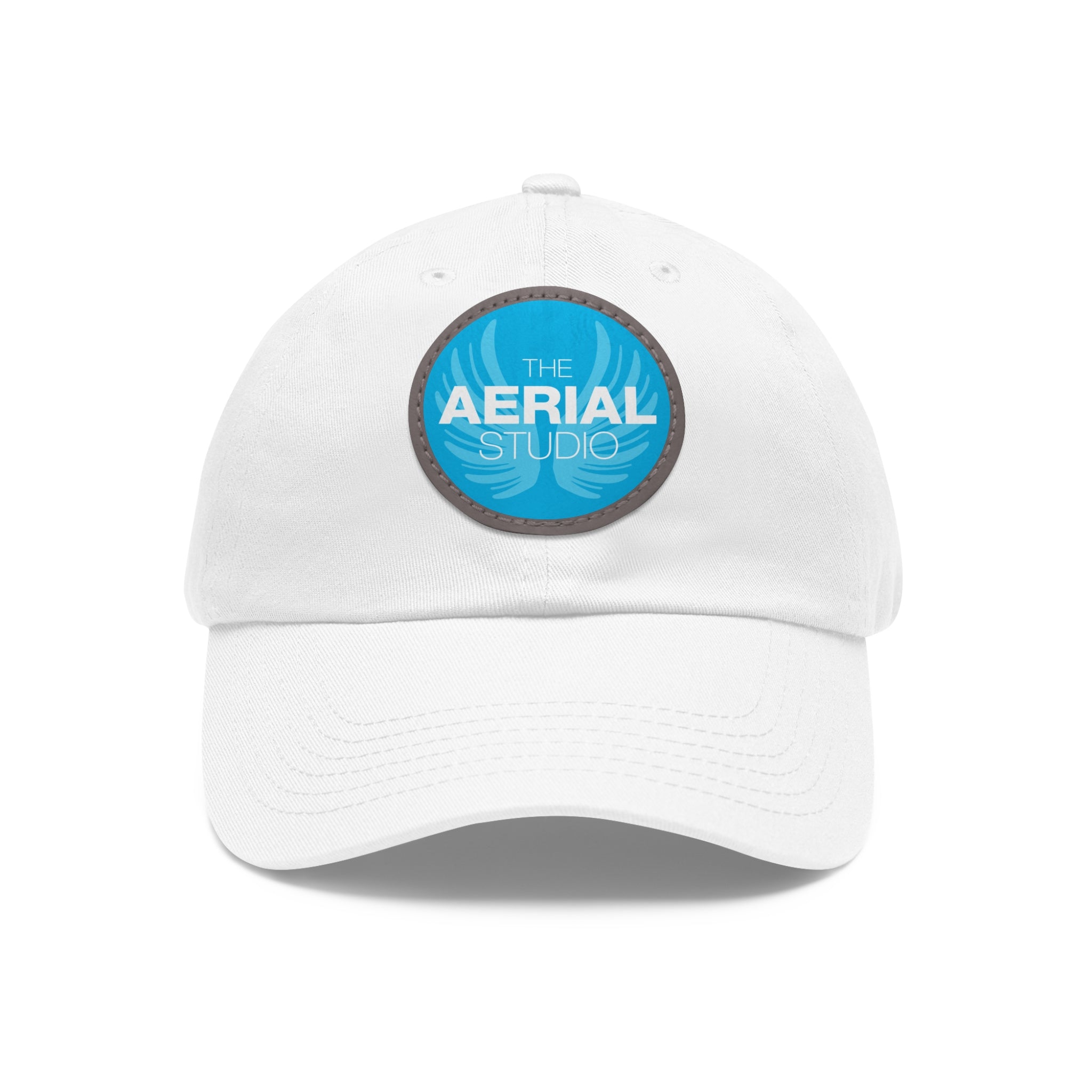 Aerial Studio Round Leather Patch Hat | White dad cap with blue logo