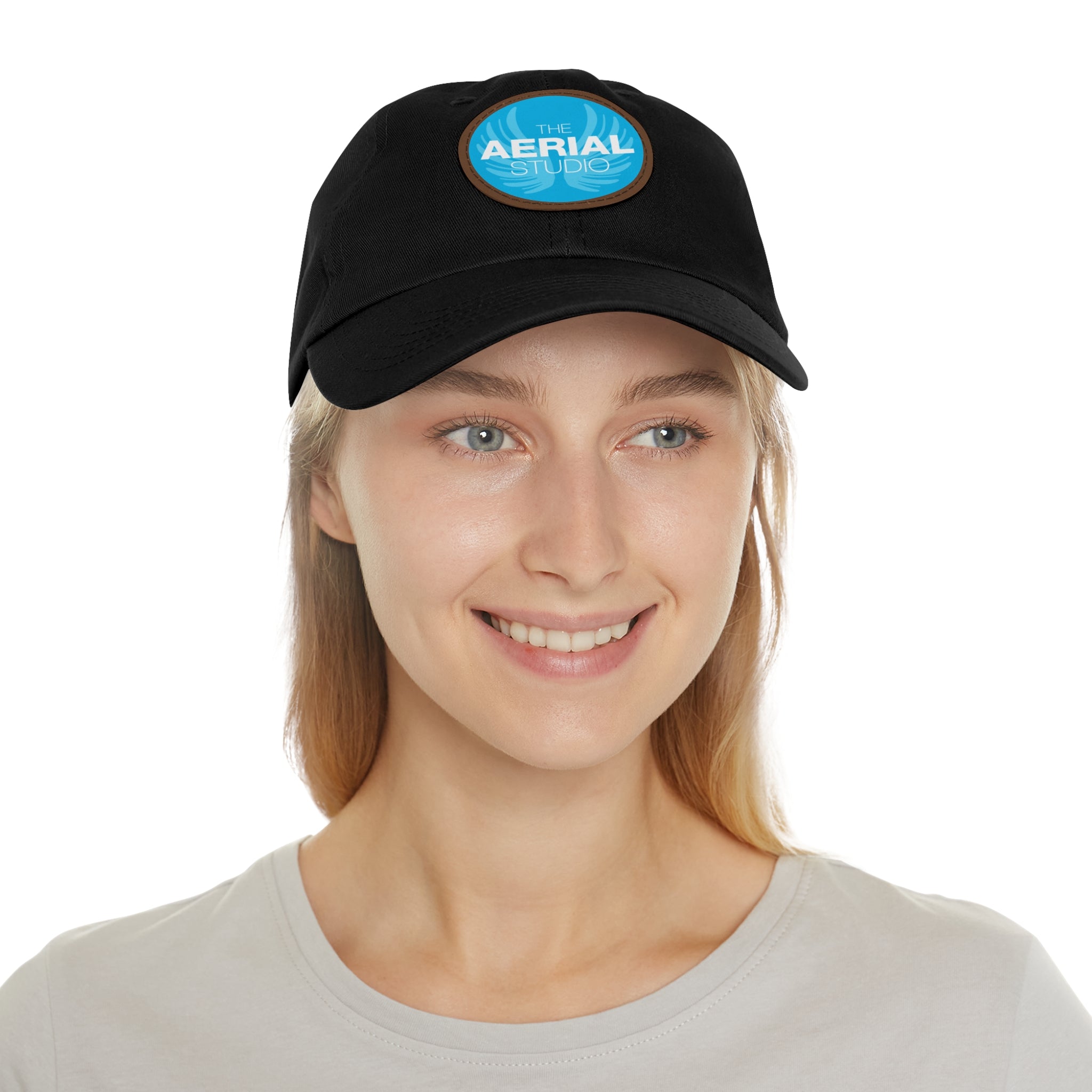 Aerial Studio Round Leather Patch Hat | White dad cap with blue logo