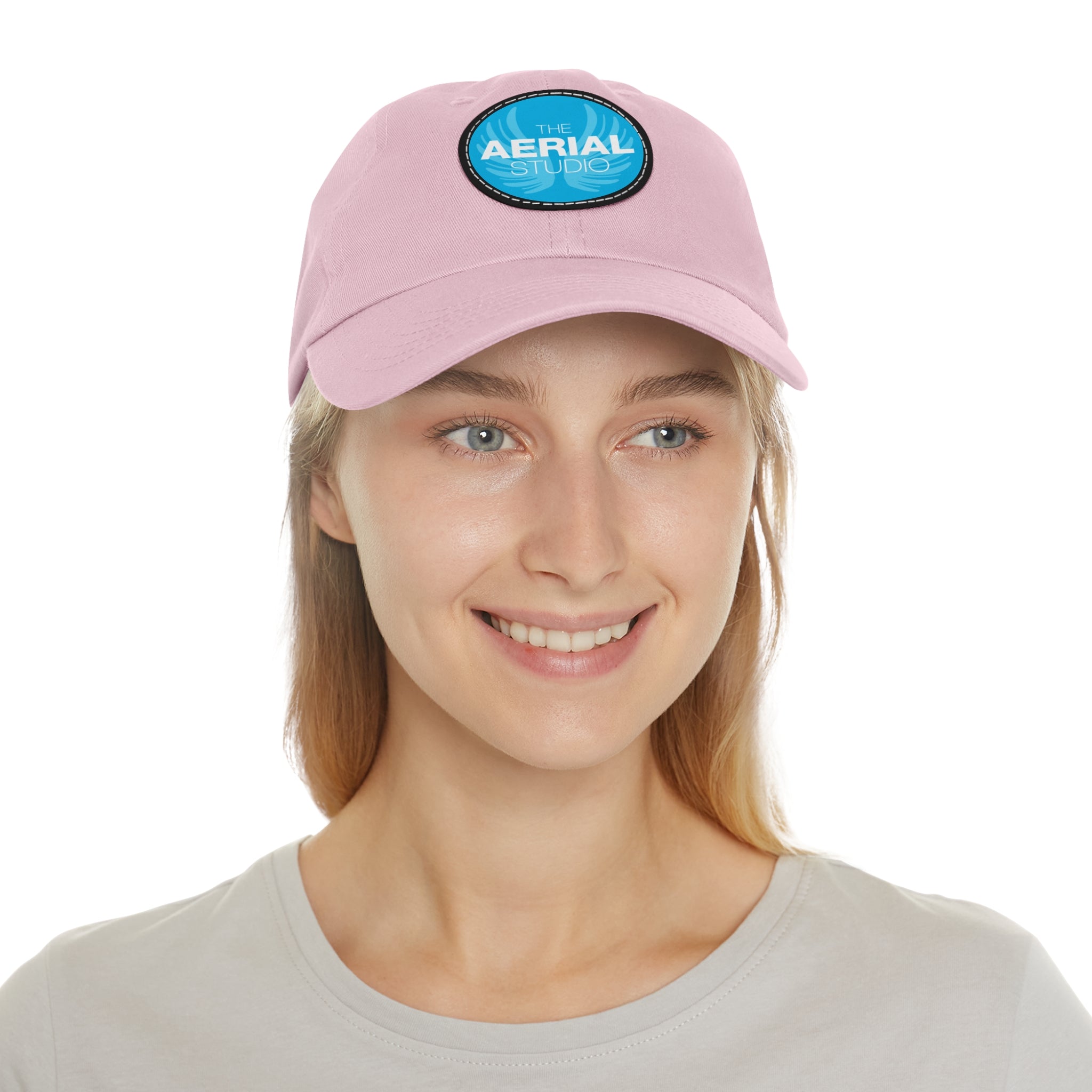Aerial Studio Round Leather Patch Hat | White dad cap with blue logo