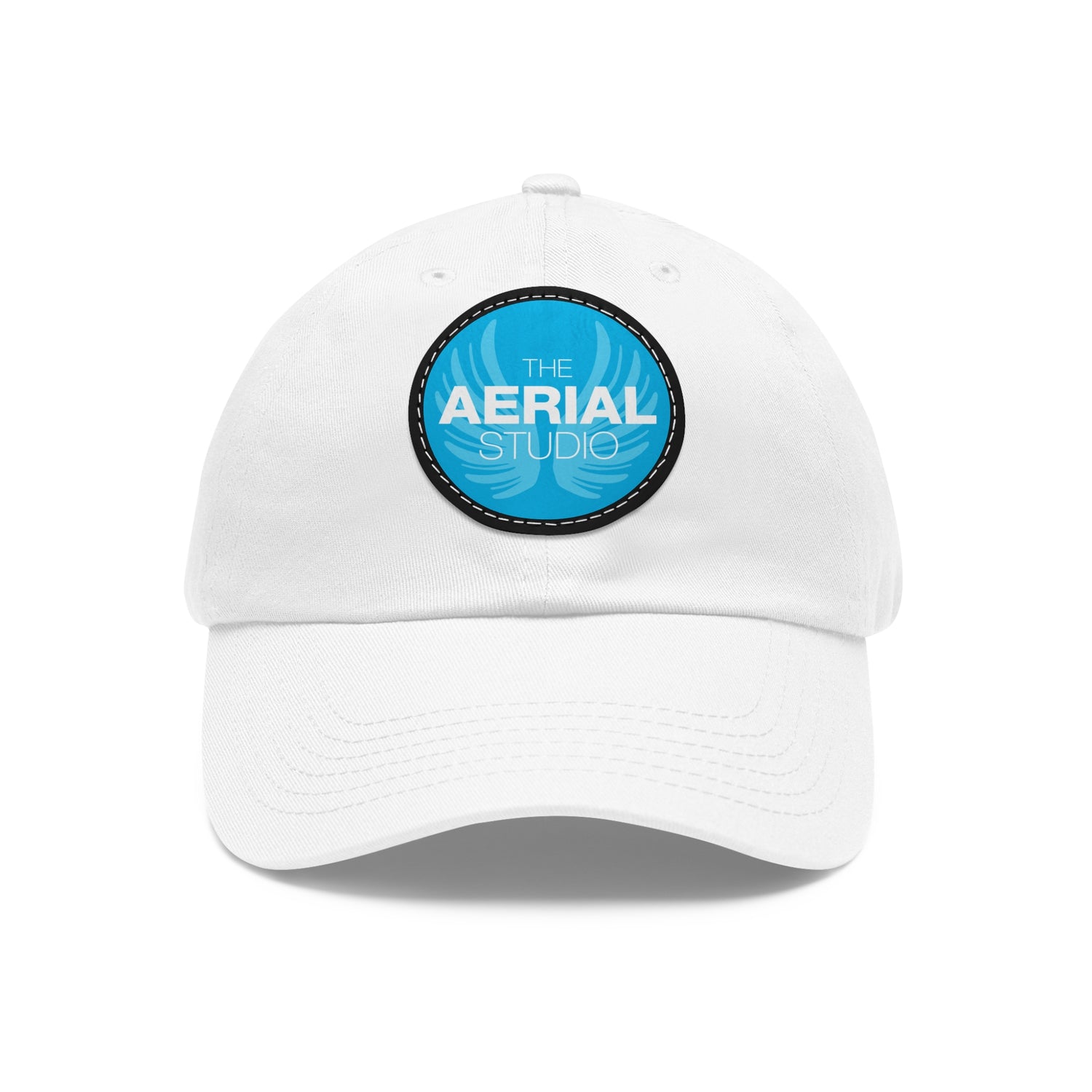 Aerial Studio Round Leather Patch Hat | White dad cap with blue logo