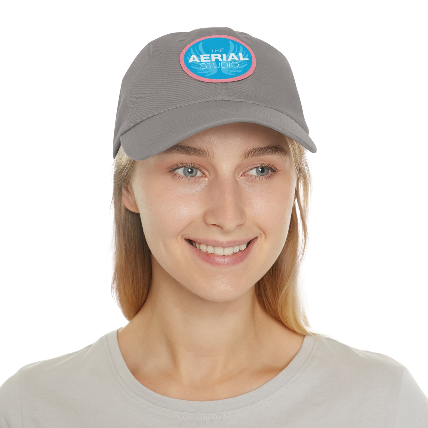Aerial Studio Round Leather Patch Hat | White dad cap with blue logo